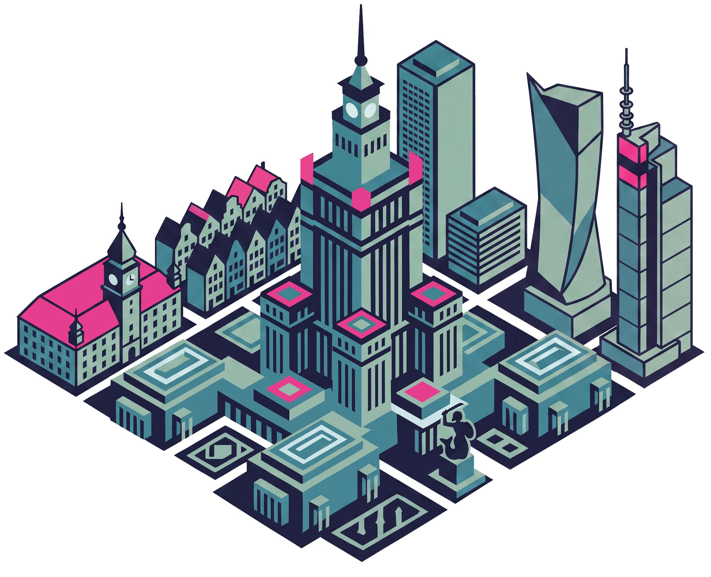 Isometric illustration of Warsaw's skyline, including the Palace of Culture and Science and the Old Town